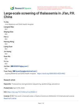 Large-Scale Screening of Thalassemia in Ji'an, P.R. China