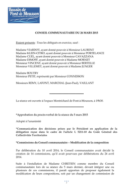 Conseil Communautaire Du 26 Mars 2015