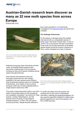 Austrian-Danish Research Team Discover As Many As 22 New Moth Species from Across Europe 29 November 2018