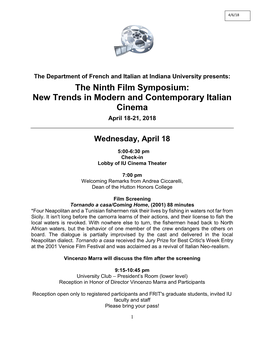 The Ninth Film Symposium: New Trends in Modern and Contemporary Italian Cinema April 18-21, 2018