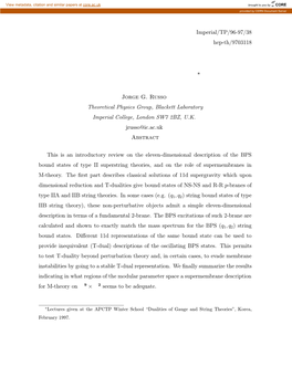 BPS Bound States, Supermembranes, and T-Duality in M-Theory ∗