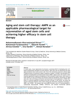 Aging and Stem Cell Therapy: AMPK As an Applicable Pharmacological Target for Rejuvenation of Aged Stem Cells and Achieving Higher Efﬁcacy in Stem Cell Therapy