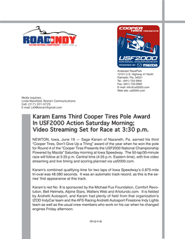 Karam Earns Third Cooper Tire Pole Award at Iowa