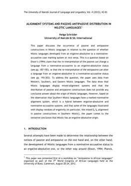 Alignment Systems and Passive-Antipassive Distribution in Nilotic Languages1