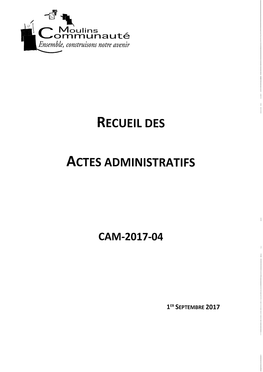 Recueil Des Actes Administratifs De La Communauté D'agglomération De Moulins
