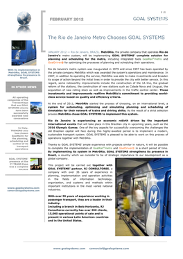 The Rio De Janeiro Metro Chooses GOAL SYSTEMS