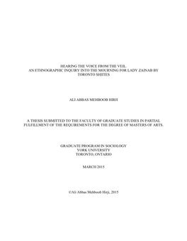 Hearing the Voice from the Veil. an Ethnographic Inquiry Into the Mourning for Lady Zainab by Toronto Shiites