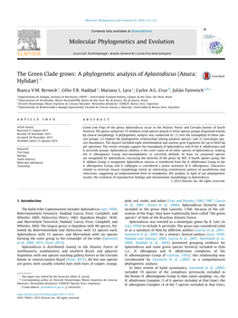 A Phylogenetic Analysis of Aplastodiscus (Anura; Hylidae) Q ⇑ Bianca V.M