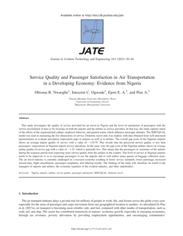 Service Quality and Passenger Satisfaction in Air Transportation in a Developing Economy: Evidence from Nigeria