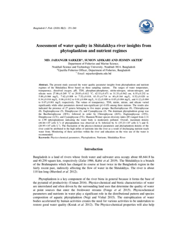 Assessment of Water Quality in Shitalakhya River Insights from Phytoplankton and Nutrient Regimes