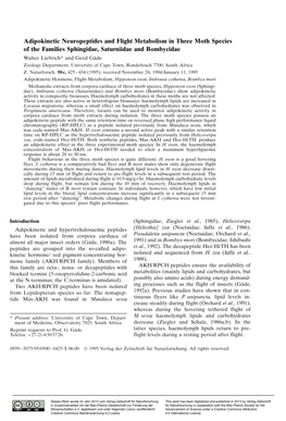 Adipokinetic Neuropeptides and Flight Metabolism in Three Moth Species