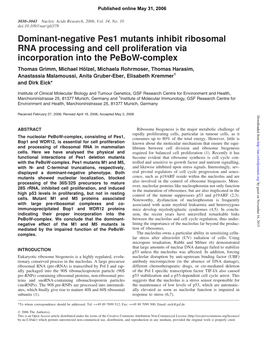 Dominant-Negative Pes1 Mutants Inhibit Ribosomal RNA Processing