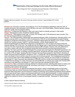 Determination of Syncope Etiology Can Be Costly--What Is Necessary?