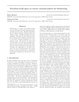 Precision-Recall Space to Correct External Indices for Biclustering