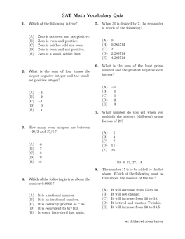 SAT Math Vocabulary Quiz