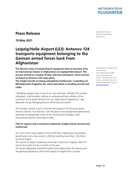 Press Release Leipzig/Halle Airport (LEJ): Antonov 124 Transports