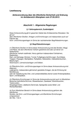 Amtsverordnung Über Die Öffentliche Sicherheit Und Ordnung Im Amtsbereich Altenpleen Vom 27.05.2013