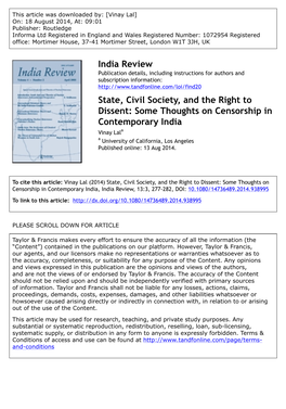 Some Thoughts on Censorship in Contemporary India Vinay Lala a University of California, Los Angeles Published Online: 13 Aug 2014