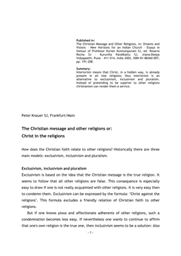 The Christian Message and Other Religions Or: Christ in the Religions