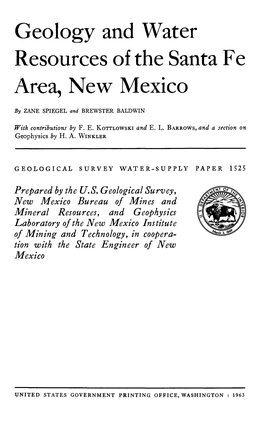 Geology and Water Resources of the Santa Fe Area, New Mexico