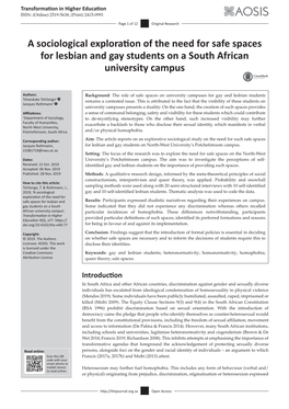 A Sociological Exploration of the Need for Safe Spaces for Lesbian and Gay Students on a South African University Campus