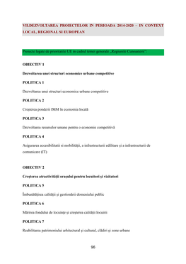 96 VII.DEZVOLTAREA PROIECTELOR in PERIOADA 2014-2020 – in CONTEXT LOCAL, REGIONAL SI EUROPEAN Proiecte Legate De Prioritatile