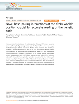 Novel Base-Pairing Interactions at the Trna Wobble Position Crucial for Accurate Reading of the Genetic Code