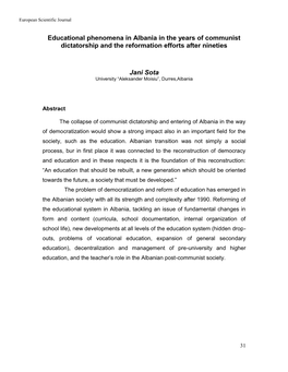 Educational Phenomena in Albania in the Years of Communist Dictatorship and the Reformation Efforts After Nineties