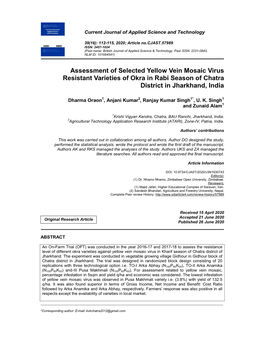 Assessment of Selected Yellow Vein Mosaic Virus Resistant Varieties of Okra in Rabi Season of Chatra District in Jharkhand, India