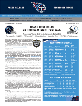 Titans Host Colts on Thursday Night Football