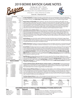 2019 BOWIE BAYSOX GAME NOTES Monday, July 1, 2019 - 7:05 P.M