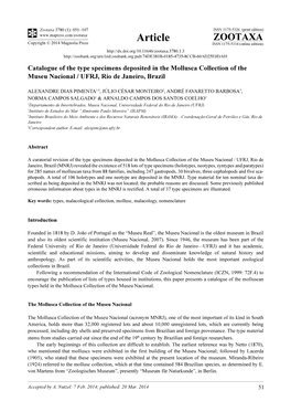 Catalogue of the Type Specimens Deposited in the Mollusca Collection of the Museu Nacional / UFRJ, Rio De Janeiro, Brazil