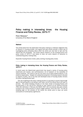 Policy Making in Aking in Aking in Interesting Times: the Housing He