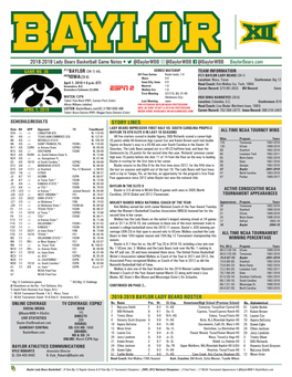 2018-2019 Lady Bears Basketball Game Notes • @Baylorwbb @Baylorwbb @Baylorwbb Baylorbears.Com GAME NO