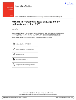 War and Its Metaphors: News Language and the Prelude to War in Iraq, 2003