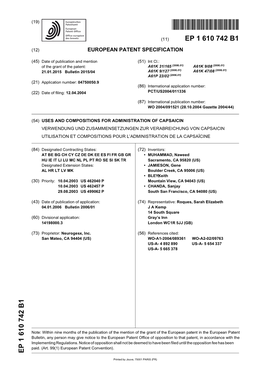 Uses and Compositions for Administration of Capsaicin