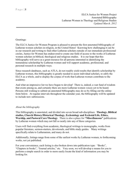 1 ELCA Justice for Women Project Annotated Bibliography Lutheran Women in Theology and Religious Studies Updated March, 2012 ______