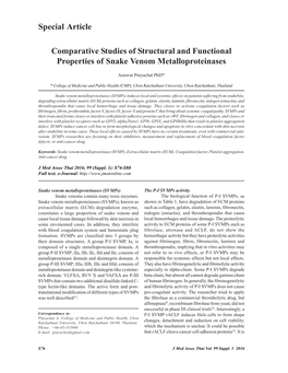 Comparative Studies of Structural and Functional Properties of Snake Venom Metalloproteinases Special Article