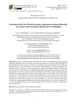 Taxonomy of the New World Bee Genus Agapostemon Guérin-Méneville – New Names and Synonymies (Hymenoptera: Halictidae)