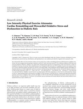 Low Intensity Physical Exercise Attenuates Cardiac Remodeling and Myocardial Oxidative Stress and Dysfunction in Diabetic Rats