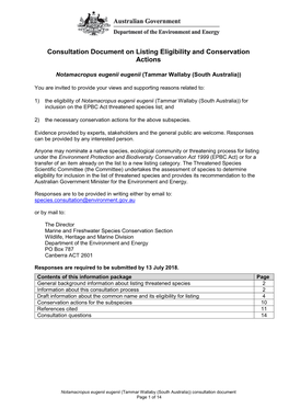 Consultation Document on Listing Eligibility and Conservation Actions Notamacropus Eugenii Eugenii (Tammar Wallaby (South Austra