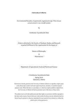 Environmental Biosafety of Genetically Engineered Crops: Flax (Linum Usitatissimum L.) As a Model System