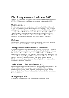 Styrelsen För Norrbottens Socialdemokratiska Partidistrikt (Organisationsnummer: 897000-2955) Får Härmed Avge Följande Berättelse För Verksamhetsåret 2018