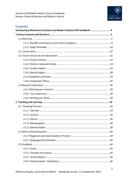 Ancient and Modern History Course Handbook Honour School of Ancient and Modern History