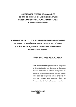 Gastrópodes E Outros Invertebrados Bentônicos Do Sedimento Litorâneo E Associados a Macrófitas Aquáticas Em Açudes Do Semi-Árido Paraibano, Nordeste Do Brasil