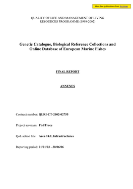 Genetic Catalogue, Biological Reference Collections and Online Database of European Marine Fishes