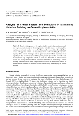 Analysis of Critical Factors and Difficulties in Maintaining Historical Building - a Current Implementation