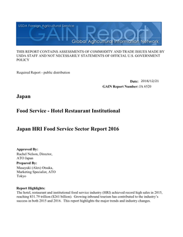 Japan Food Service Association to Fall Within the Food Service Sector