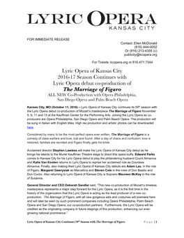 Lyric Opera of Kansas City 2016-17 Season Continues with Lyric