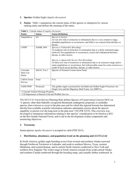 1 1. Species: Golden Eagle (Aquila Chrysaetos) 2. Status: Table 1